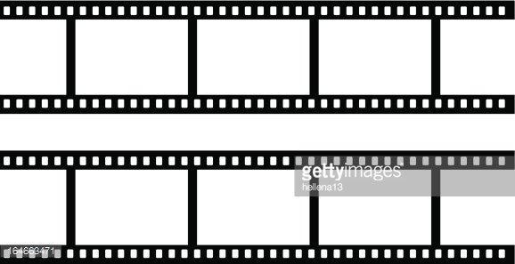 Black-and-white film strip template with blank frames for photo or video editing.