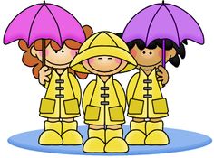 Three cartoon children in yellow raincoats and boots holding purple umbrellas on a blue puddle background.