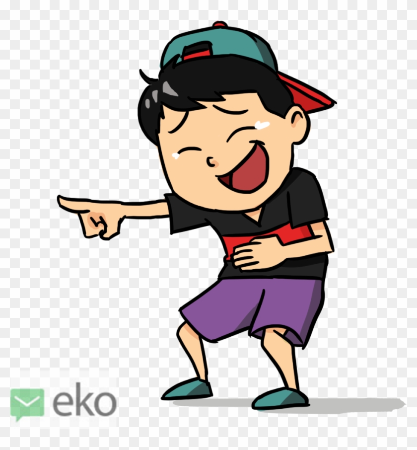 Joyful cartoon boy in cap and shorts pointing and laughing heartily.