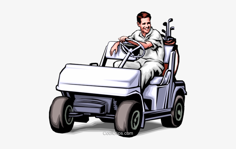 Smiling man in white golf attire driving a white golf cart with clubs in the back.