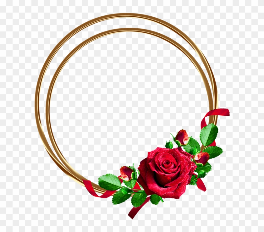 Golden double-ring frame adorned with a vibrant red rose, green leaves, and a red ribbon on transparent background.