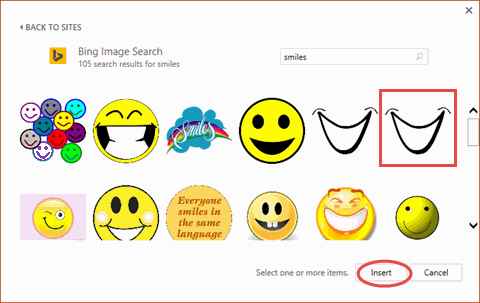 Two black outline smiley mouth icons in a red selection box on Bing Image Search results.