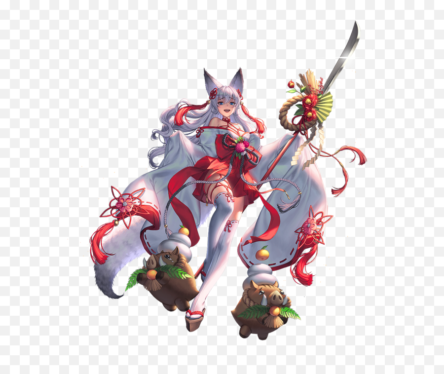 A silver-haired fox-eared woman in a festive red-and-white kimono holds a decorated sword, flanked by two boar-shaped daruma dolls with citrus and leaves.