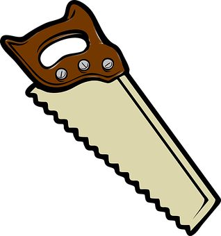 Illustration of a classic hand saw with wooden handle and serrated metal blade.