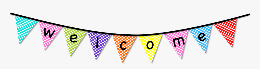 Colorful polka-dotted bunting flags spelling "welcome" in black cursive letters on a white background.