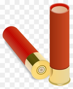 Two red shotgun shells with brass bases on transparent background, one upright and one lying horizontally.