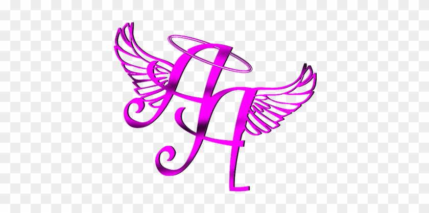 Pink stylized letter 'H' with angel wings and halo, ornate calligraphic design on transparent background.