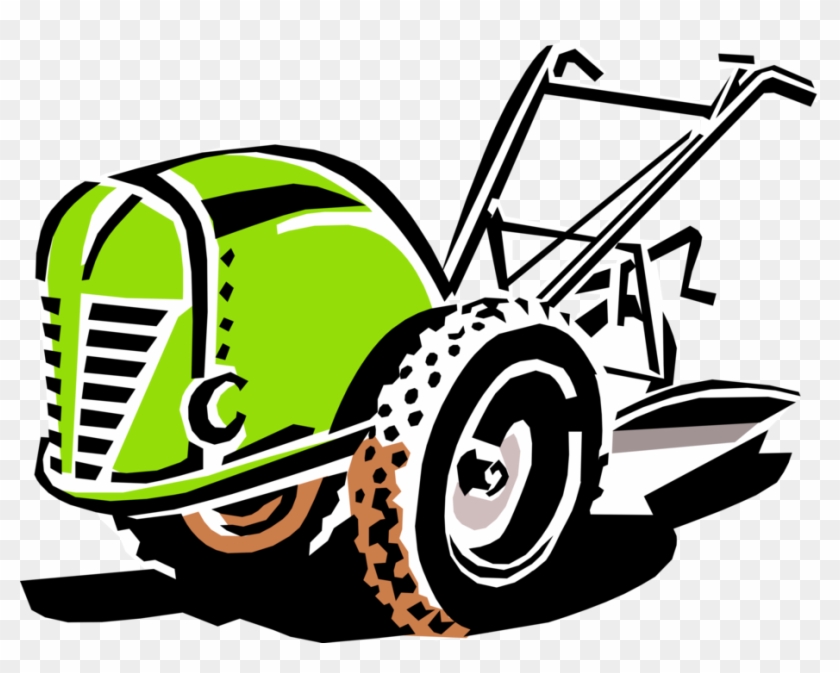 Stylized green vintage lawnmower with black-and-white graphic design and chain detail.