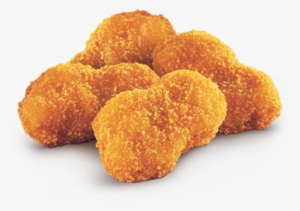Golden-brown, crispy chicken nuggets piled together on a white background.