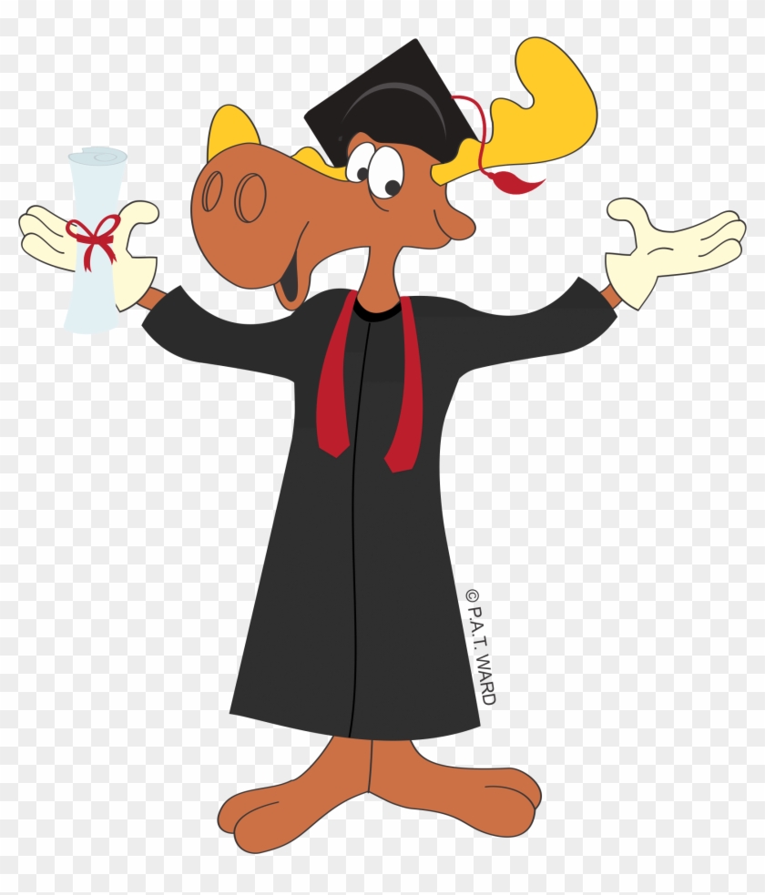 Cartoon moose in graduation cap and gown holding diploma, smiling with arms outstretched.