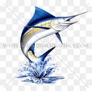 A vibrant blue marlin leaping from water with dynamic splash and detailed fin patterns.