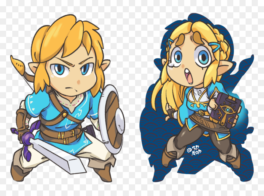 Chibi-style Link and Zelda from The Legend of Zelda, ready for adventure with sword, shield, and Sheikah Slate.
