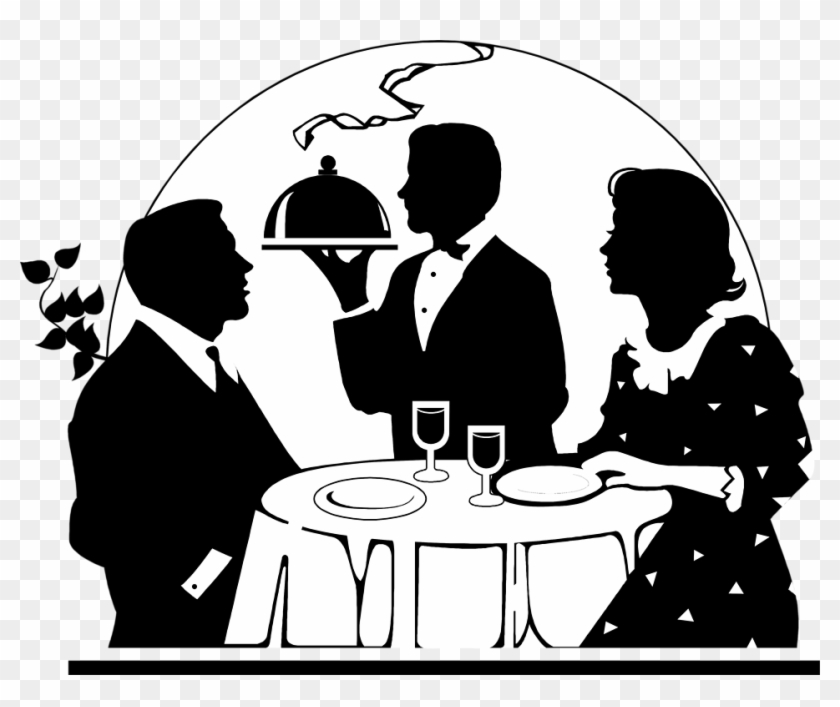 Silhouette of a waiter serving a covered dish to a well-dressed couple at a fine dining table with wine glasses and plates.