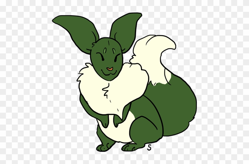 A green, rabbit-like creature with large ears, white fluffy chest and tail, smiling gently on transparent background.
