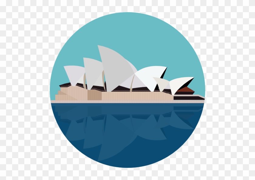 Stylized illustration of the Sydney Opera House with reflection in water, set in a circular frame against a transparent background.