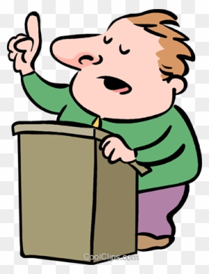 Cartoon man in green shirt giving a speech at a podium, pointing upward with enthusiasm.