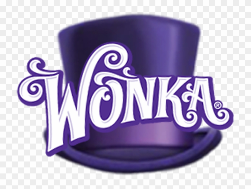 Purple top hat with ornate "Wonka" logo in white script font, iconic branding for Willy Wonka.