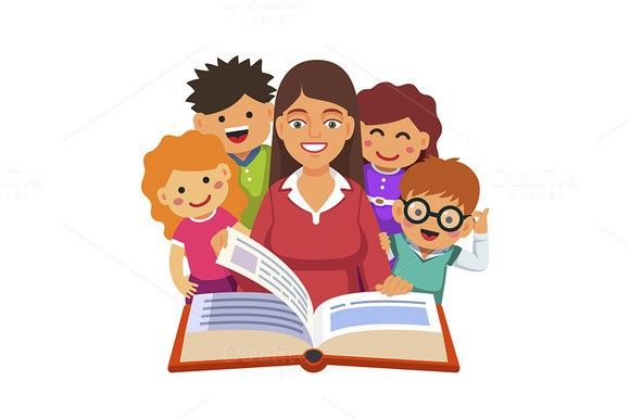 A smiling teacher reading a large open book with four diverse, happy children gathered around her.