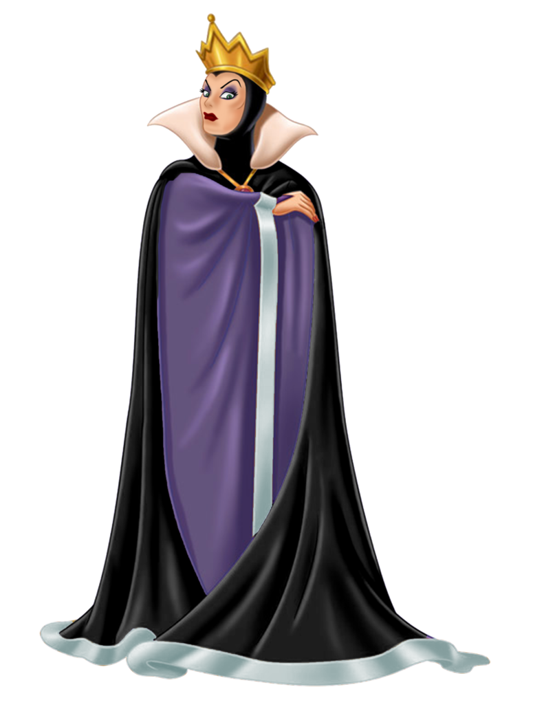 Disney’s Evil Queen in black and purple regal gown with gold crown and high collar, iconic villain pose.