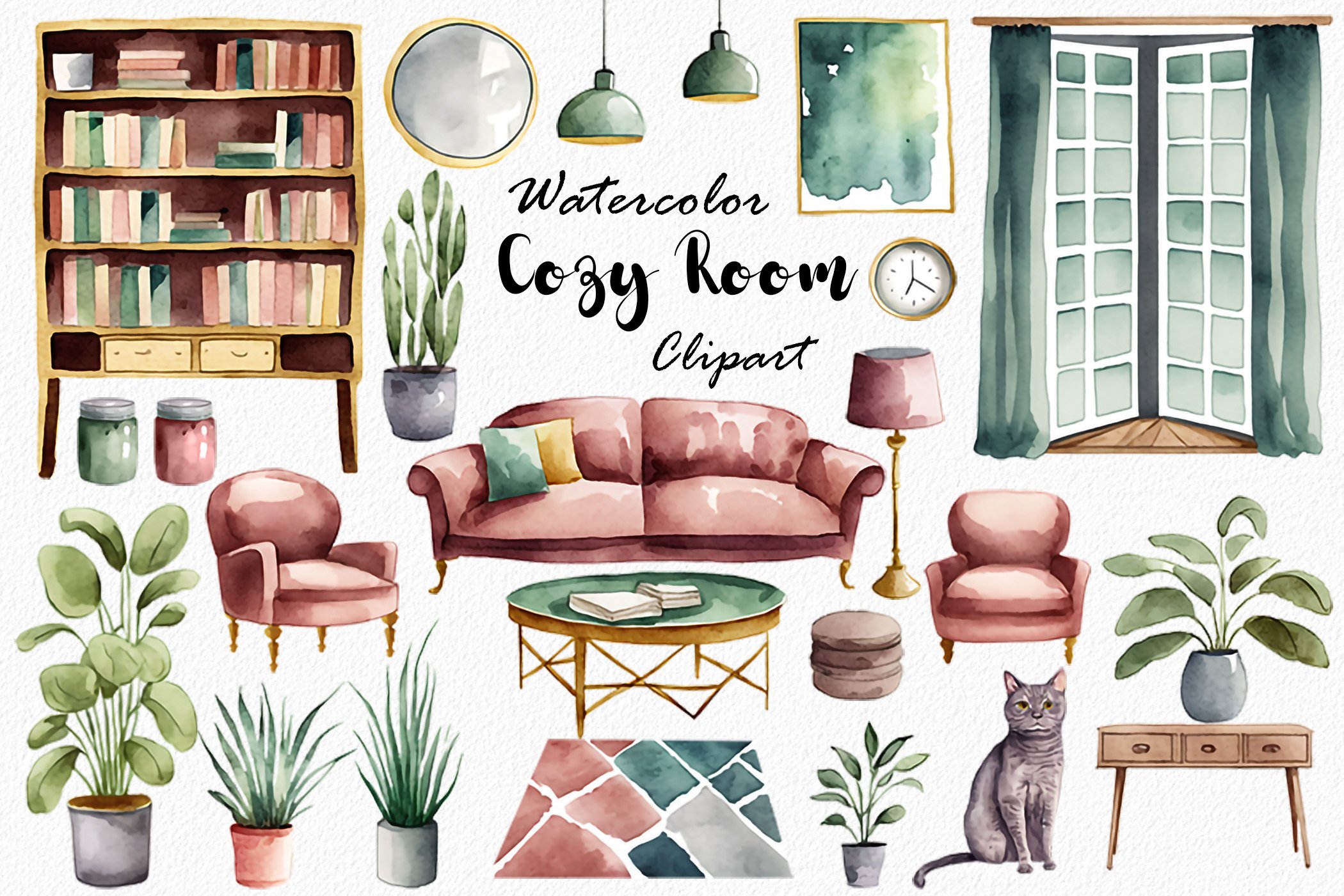 Watercolor illustration of a cozy living room with sofa, bookshelf, plants, cat, and decor items.