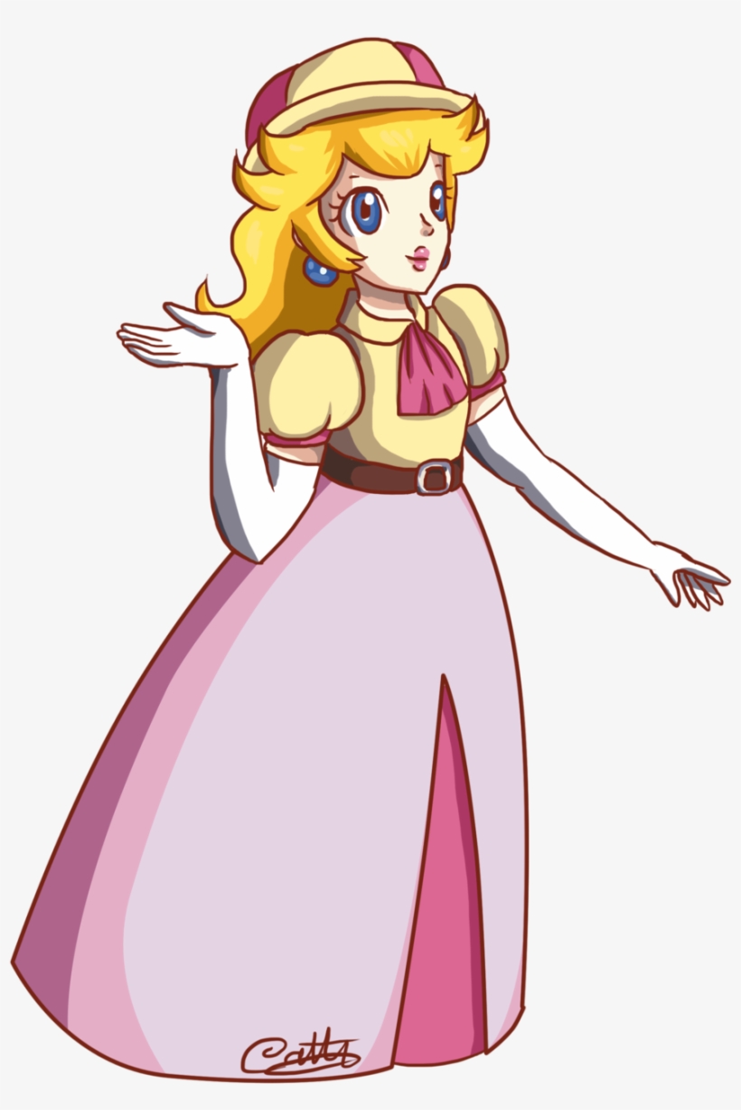 Princess Peach in a yellow hat and pink dress, gesturing with open hands, stylized anime illustration.