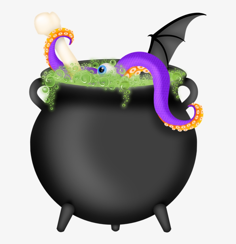A black cauldron bubbling with green potion, featuring a purple tentacle, eyeball, bone, and bat wing.