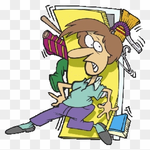 Stressed cartoon student overwhelmed by books, papers, and school supplies while sitting on a chair.