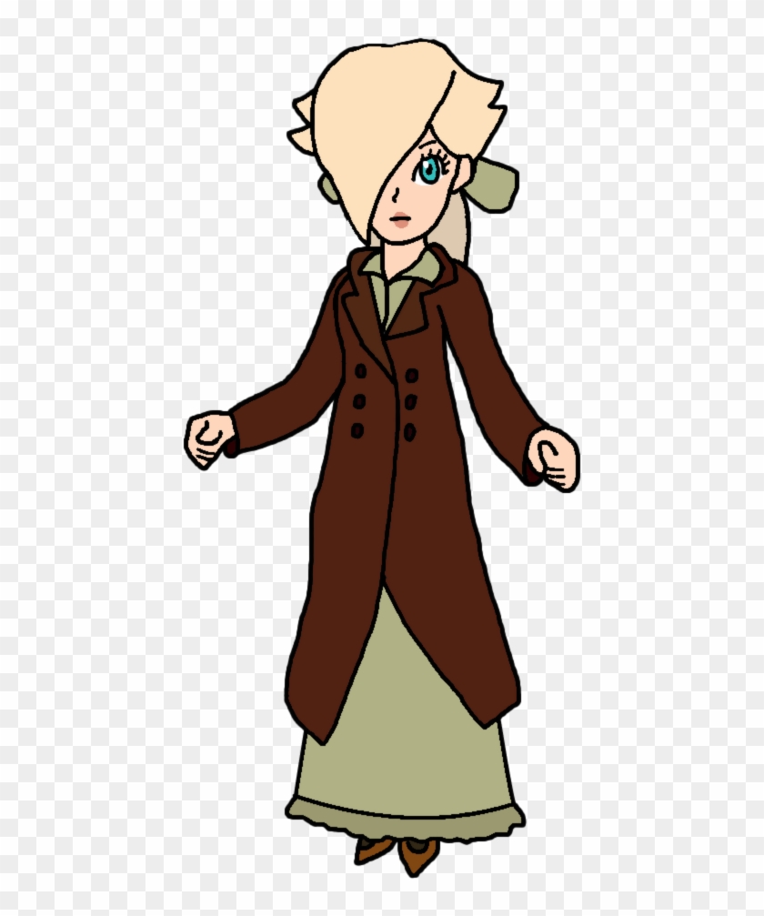 Animated female character with blonde hair, blue eyes, wearing a brown coat over a green dress.