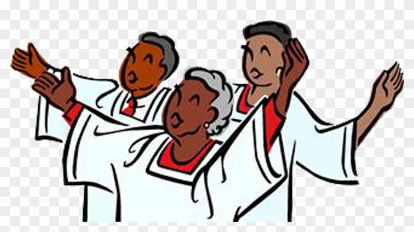 Three diverse choir members in white robes singing with raised hands and joyful expressions.