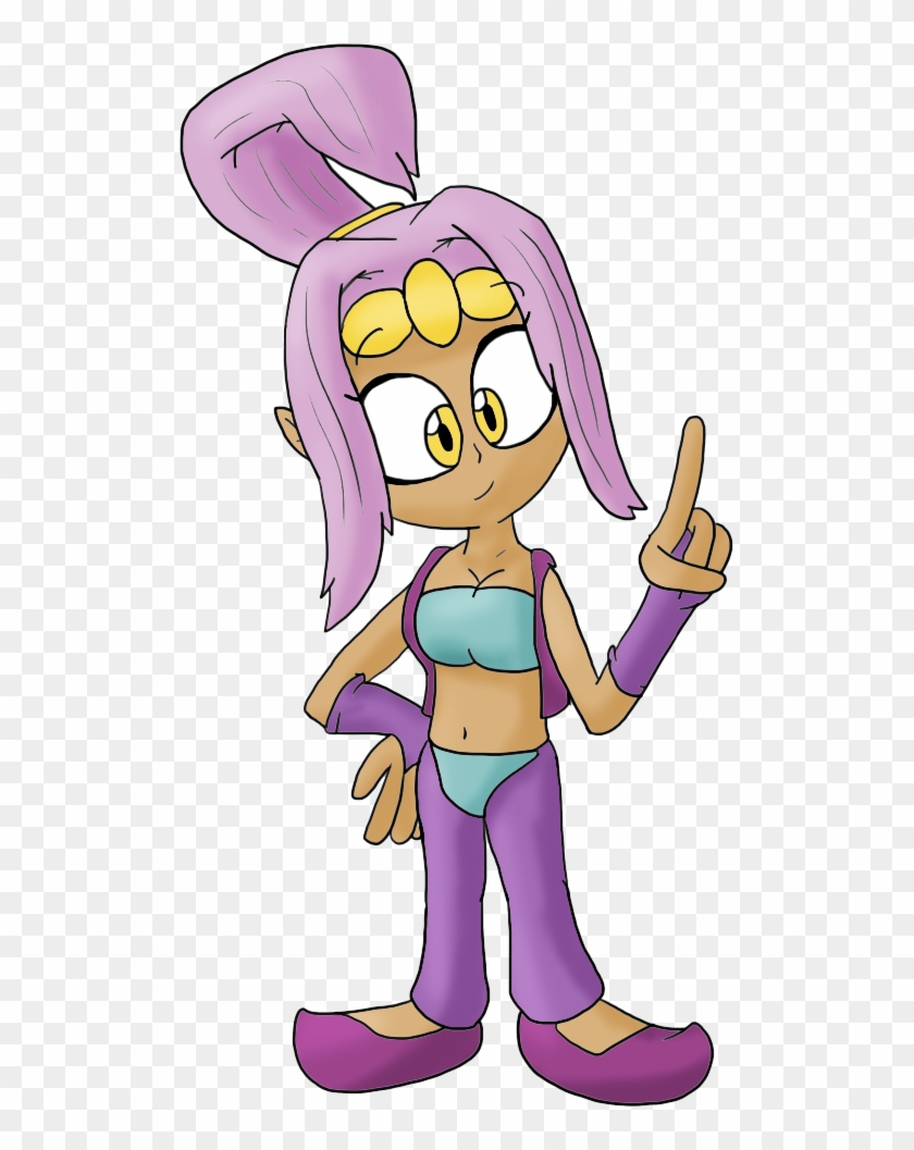 Purple-haired animated female character with bunny ears, pointing upward confidently.