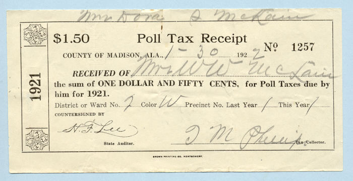 1921 poll tax receipt from Madison County, Alabama for $1.50, signed by officials, showing handwritten details and official stamps.