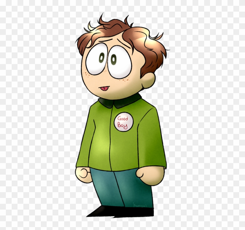 Cartoon boy with messy brown hair, wide eyes, wearing green shirt with "Good Boy" badge and teal pants.