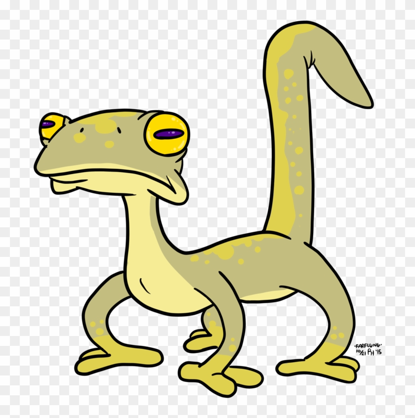 Cartoon-style yellow gecko with large purple eyes and a curved tail, standing alert on a transparent background.
