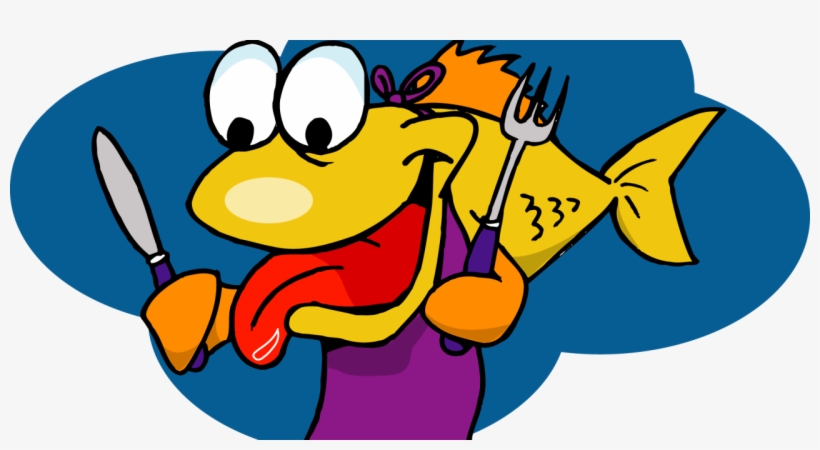 A cheerful yellow cartoon fish wearing a purple dress and headband, holding a knife and fork, ready to eat.