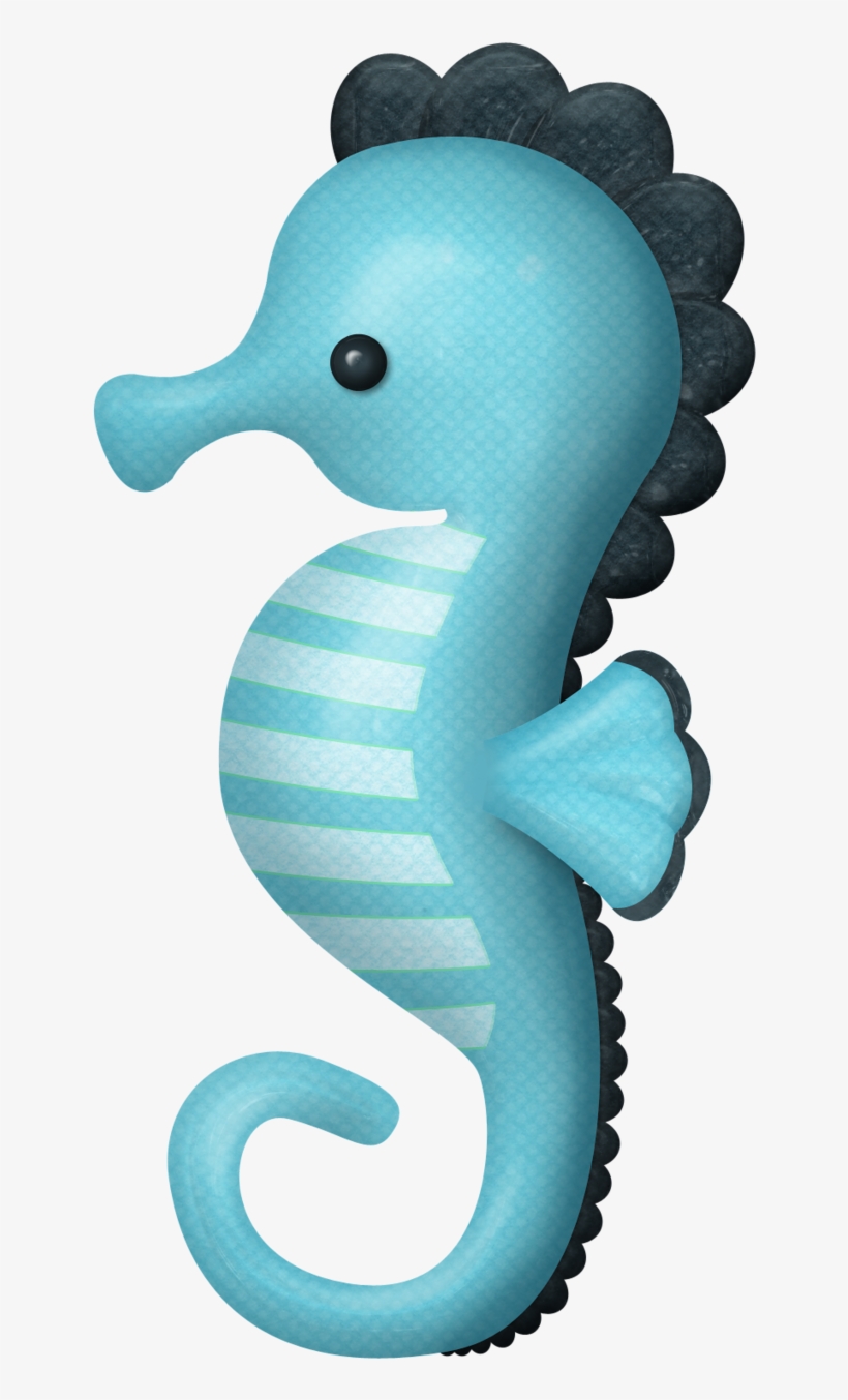 Cute stylized blue seahorse with striped belly, black eye, and dark dorsal fin, facing left on white background.