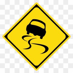 Yellow diamond-shaped warning sign showing a car skidding on a slippery road surface.
