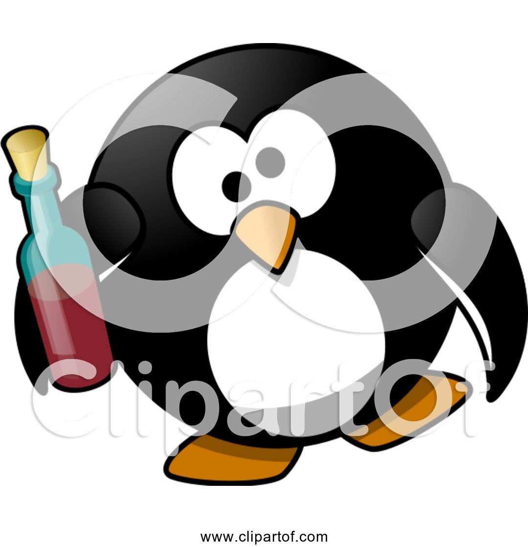 Cartoon penguin holding a wine bottle, looking surprised or tipsy.