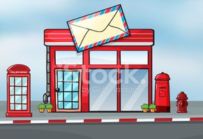 A cartoon-style post office with red facade, glass windows, a large envelope sign, phone booth, and mailboxes on the sidewalk.