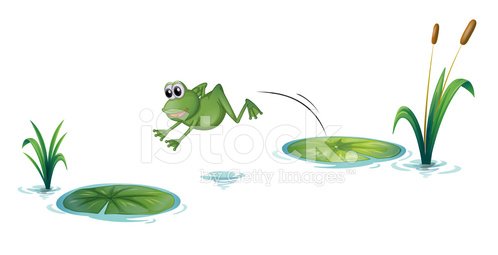 A green cartoon frog mid-leap between lily pads in a pond with reeds and cattails.