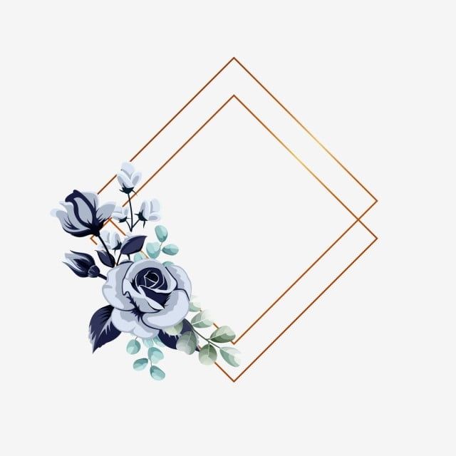 Elegant floral arrangement with white and navy roses, eucalyptus leaves, and gold geometric frame on light background.