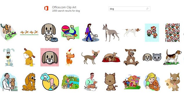 Collection of colorful dog-themed clip art illustrations from Office.com, including cartoon dogs, breeds, and human-dog interactions.