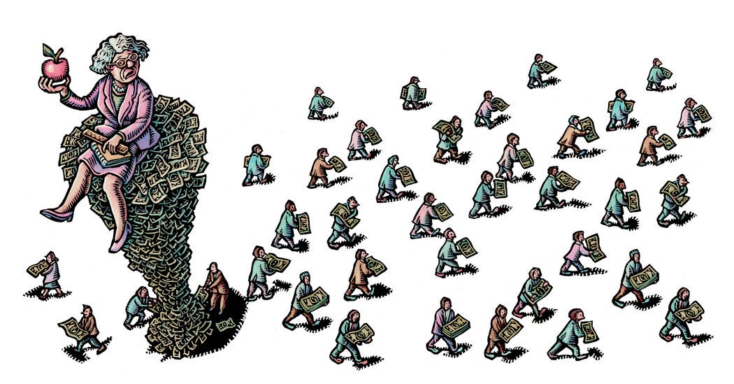 An elderly woman sits atop a towering pile of money, holding an apple and a book, while crowds below carry cash bundles.
