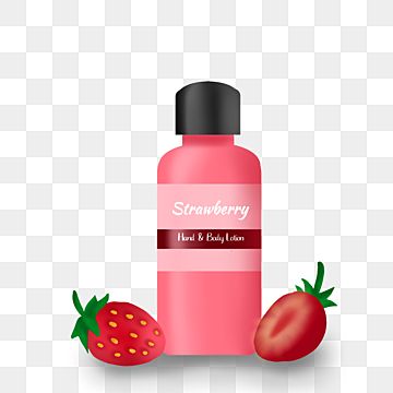 Pink strawberry-scented hand and body lotion bottle with fresh strawberries on transparent background.