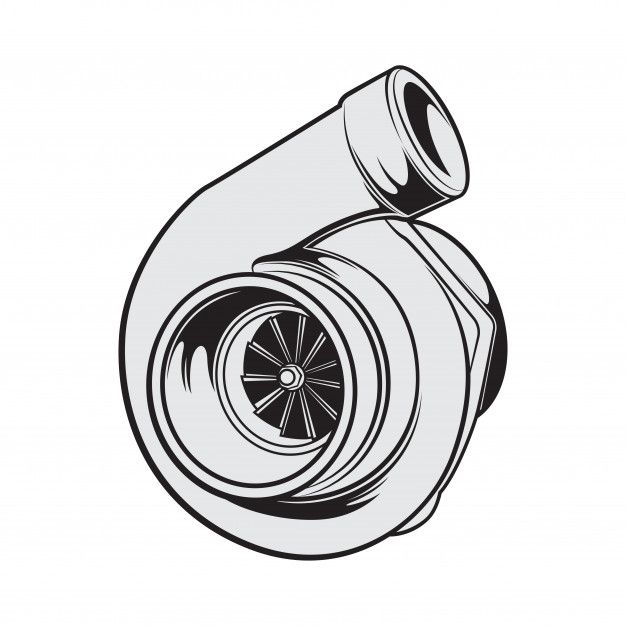 Black-and-white vector illustration of a turbocharger with visible turbine wheel and housing.