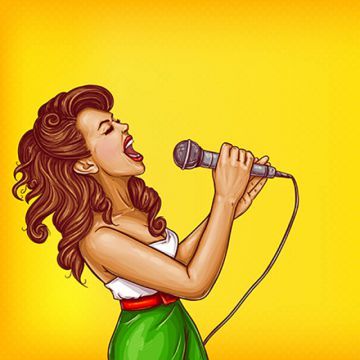 Vintage-style illustration of a woman singing passionately into a microphone against a yellow background.