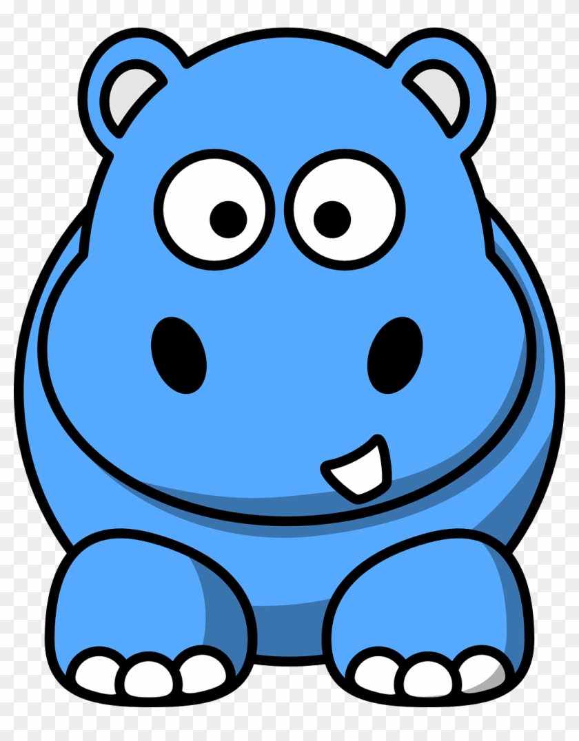 Cute blue cartoon hippo sitting with big eyes and a friendly smile, white teeth visible.