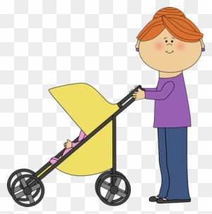 Woman with red hair pushing a yellow stroller with a baby inside on a transparent background.