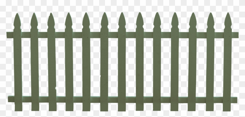 Olive-green wooden picket fence with pointed tops and two horizontal rails, isolated on transparent background.