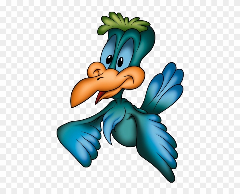 A cartoon blue bird with green tufted feathers, orange beak, and expressive eyes mid-flight against transparent background.