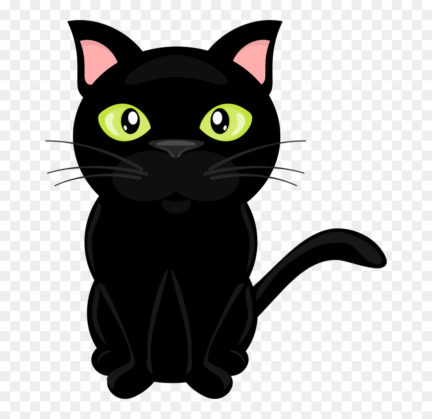 Cute cartoon black cat with bright green eyes and pink inner ears, sitting upright on transparent background.